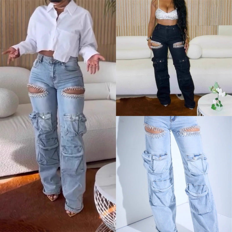 Women Jeans Designer 2025 New Hollowed Out Diamond Embellished Work Pants With Multiple Pockets And Elastic Jeans 3 Colours