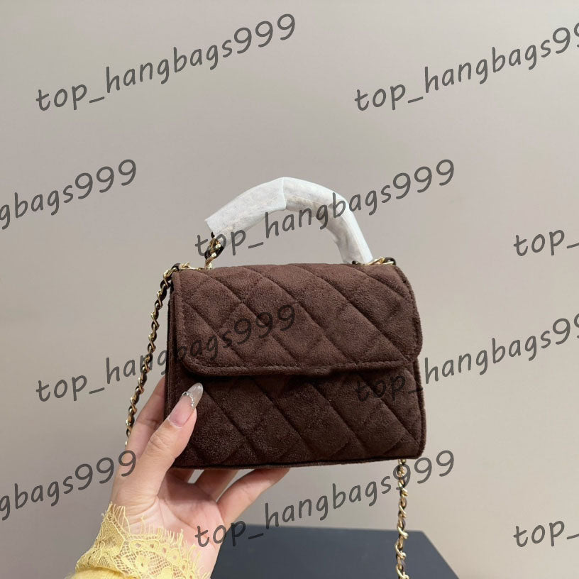 Girls Autumn And Winter Vintage Suede Vanity Shoulder Bag Gold Metal Hardware Matelasse Handbag Card Holder Coin Cosmetic Case Purse 15x12cm