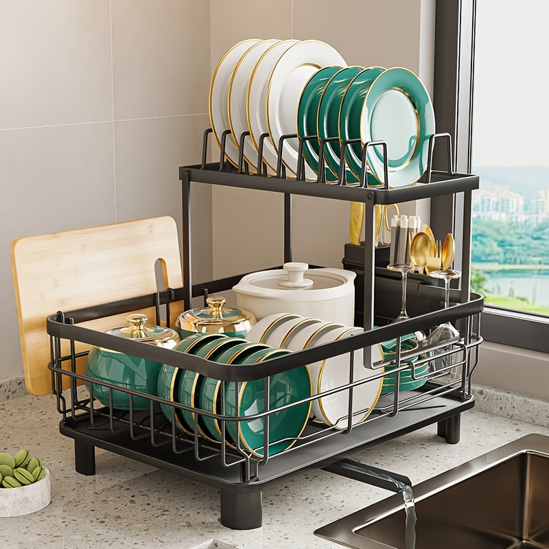 TEMU Dish Dryingrack Rotatable Drain Spout, 2tier Dish Drainer With Utensil Holder, Large Dish Drying Rack Dish Rack With , Chopstick Holder