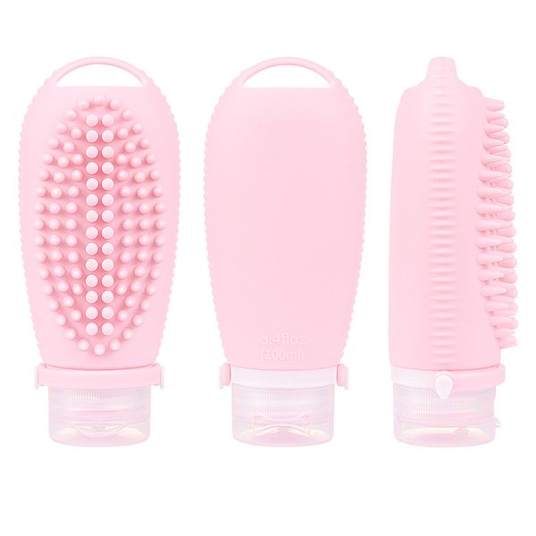 2 In 1 Silicone Refillable Empty Shampoo Bottle Liquid Hand Soap Lotion Container Dispenser Bath Shower Brush Hair Scalp Massager Scrubber E