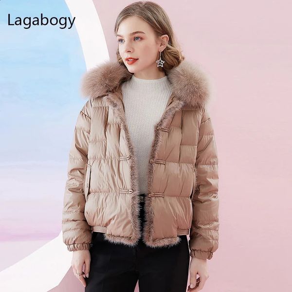 Lagabogy Winter Womens True Fox Fur Collar 90% White Duck Down Jacket Womens Short Warm Button Parkas Casual Inflatable Jacket 241021