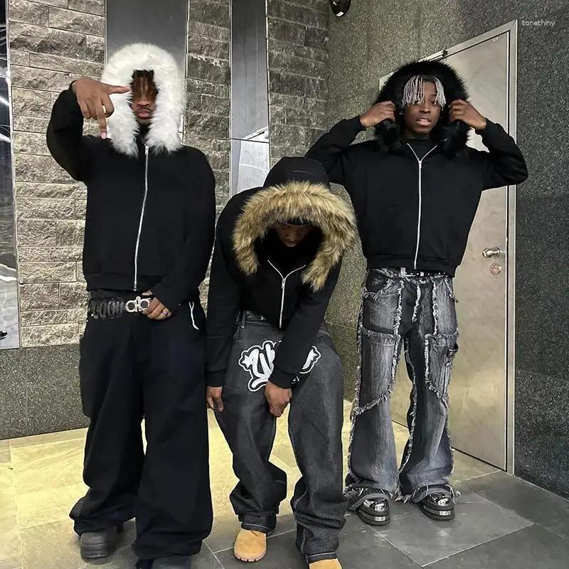 Men&#039;s Hoodies Streetwear Zip Up Hoodie Dark Faux Fur Collar Sweatshirt Men Women Oversized Punk Harajuku Hiphop Retro Goth Jacket