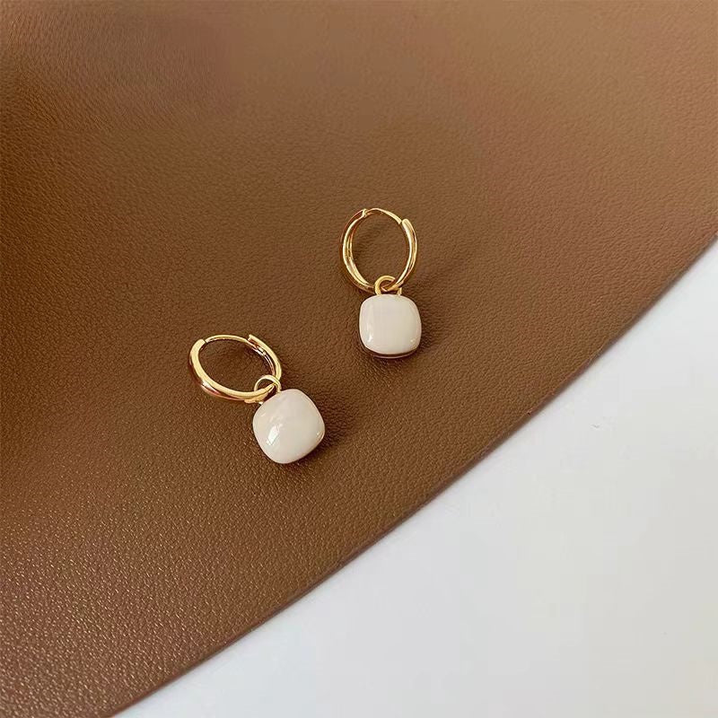 TEMU Pair Of Vintage-inspired Square Drop Earrings With Golden-tone Copper Posts And White Synthetic Stones - Elegant Alloy Jewelry For Casual Attire