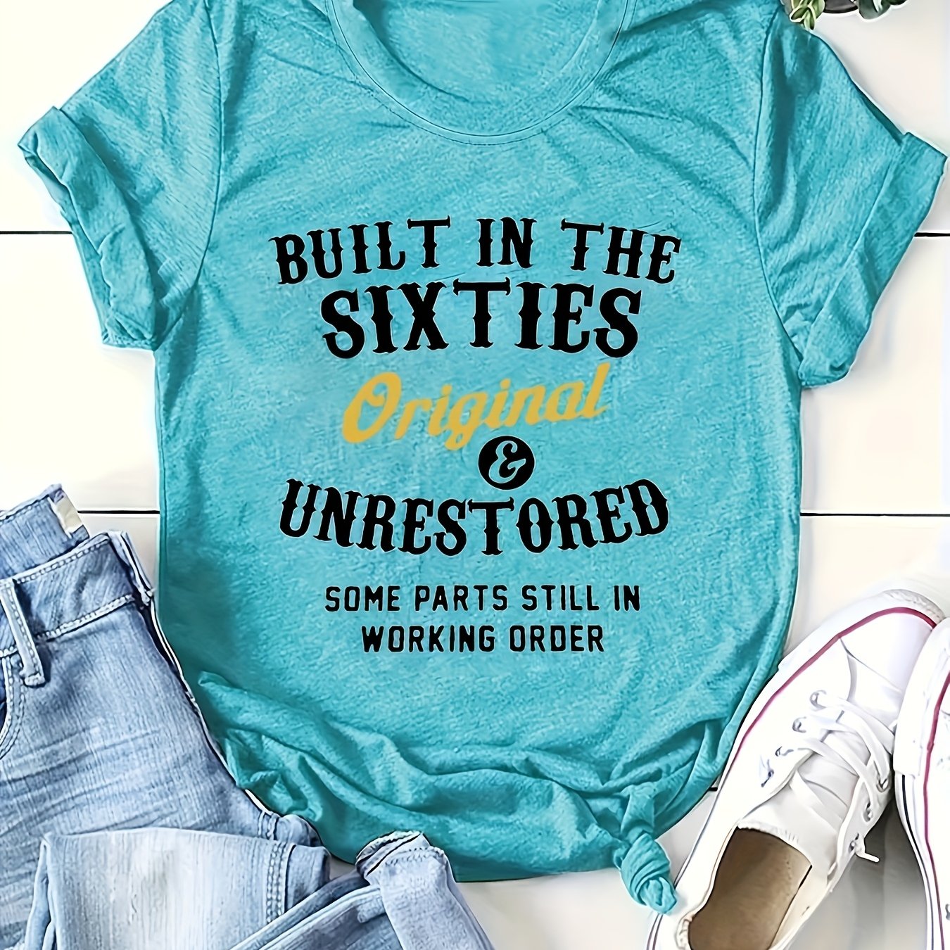 TEMU Women's Vintage-inspired Turquoise Casual T-shirt - Relaxed Fit Short Sleeve Round Neck With "built In " Retro Letter Print, Machine Washable