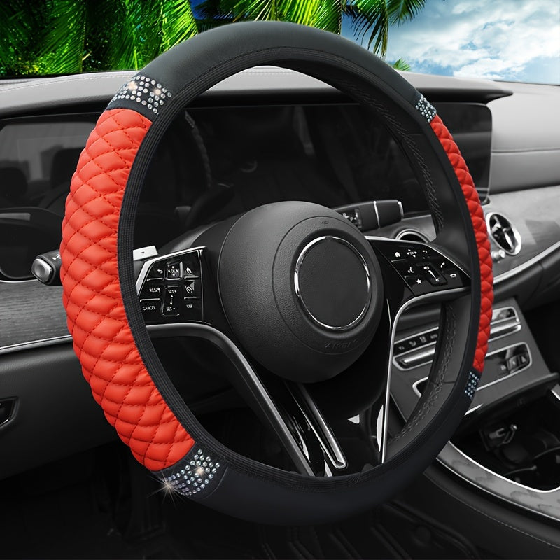 TEMU Polyester Fiber Car Steering Wheel Cover – Bling , , Non-slip, Heat-resistant, Cold-resistant, Universal Fit Without