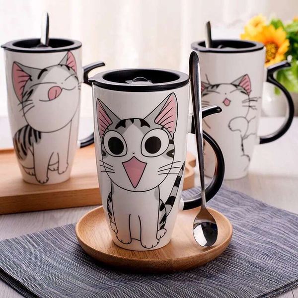 Drinkware 600Ml Creative Cat Ceramic Mug With Lid Spoon Beer Cup Of Coffee Original And Funny Cups To Give Away Couple Gift Mugs