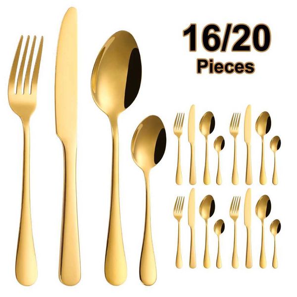 8-12-16-20Pcs HT Gold Cutlery Black Dinner Set Stainless Steel Tableware Mirror Western Knife Fork Spoon Sliver Kihen UtensilsQ241209