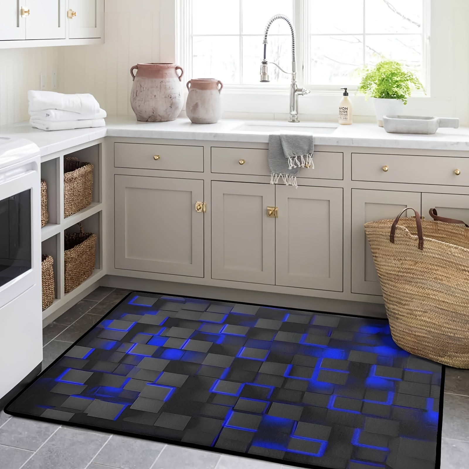 TEMU 1pc Area Rug Modern Blue And Black Geometric Mat, Non-slip Backing, Machine Washable Easy Mat For Living Room, Bedroom, Office , Floor Mat,