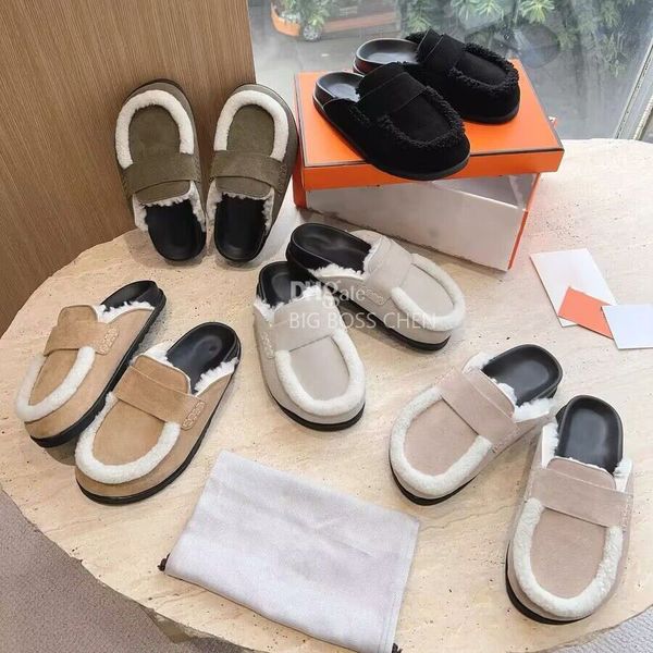 High quality fur Clogs Sandals Slippers Leather Suede Flat Mules shoes Beach Casual Shoes Designer Slides for Women Men Scuffs Moccasins Lei