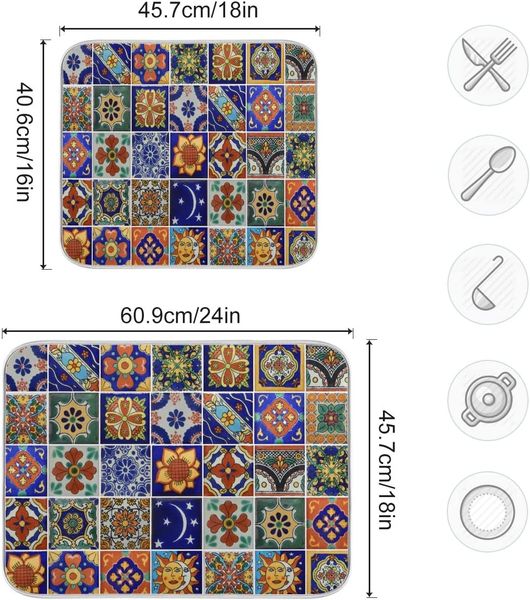 Absorbent Dish Drying Mat Microfiber - Talavera Mexican Dish Dryer Mats for Kitchen Counter 18 X 24 Inch