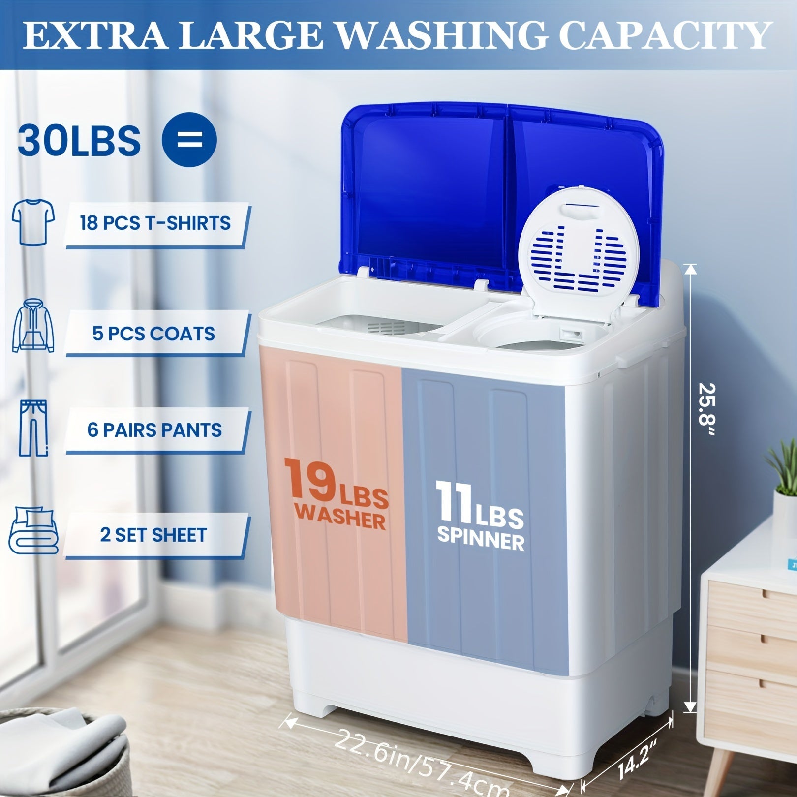 TEMU 30lbs Portable Washing Machine Twin Tub, Washer And Spin Dryer Combo, 2-in-1 Compact Laundry Washer (19lbs) And Spinner (11lbs), For Apartment,