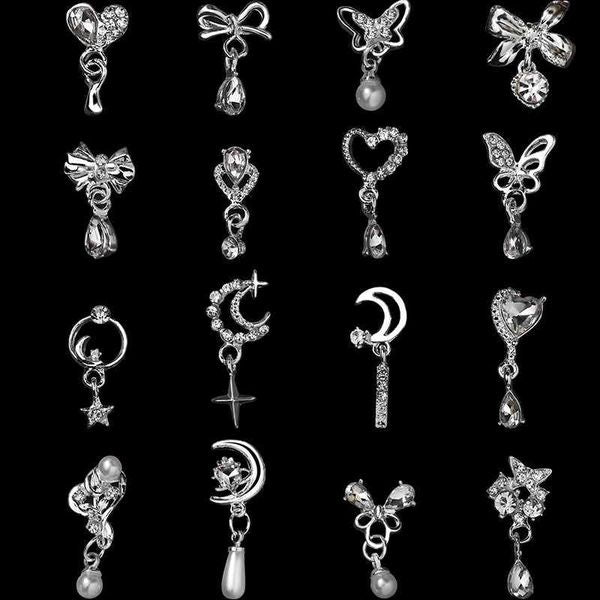 Alloy pendant nail decoration metal silver wire pearl core rhinestone DIY nail art charm accessories W240829