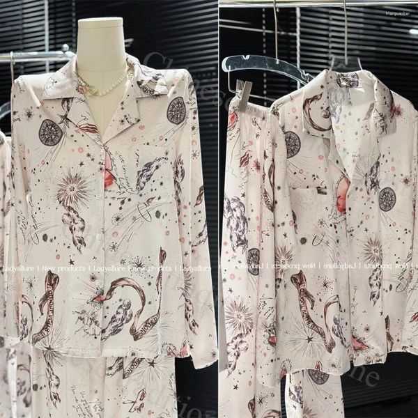 Home Clothing 2024 Summer Lady Ice Silk Pamas Suit Long Sleeved Shirt Pants Outfit Print Sleepwear Loungewear