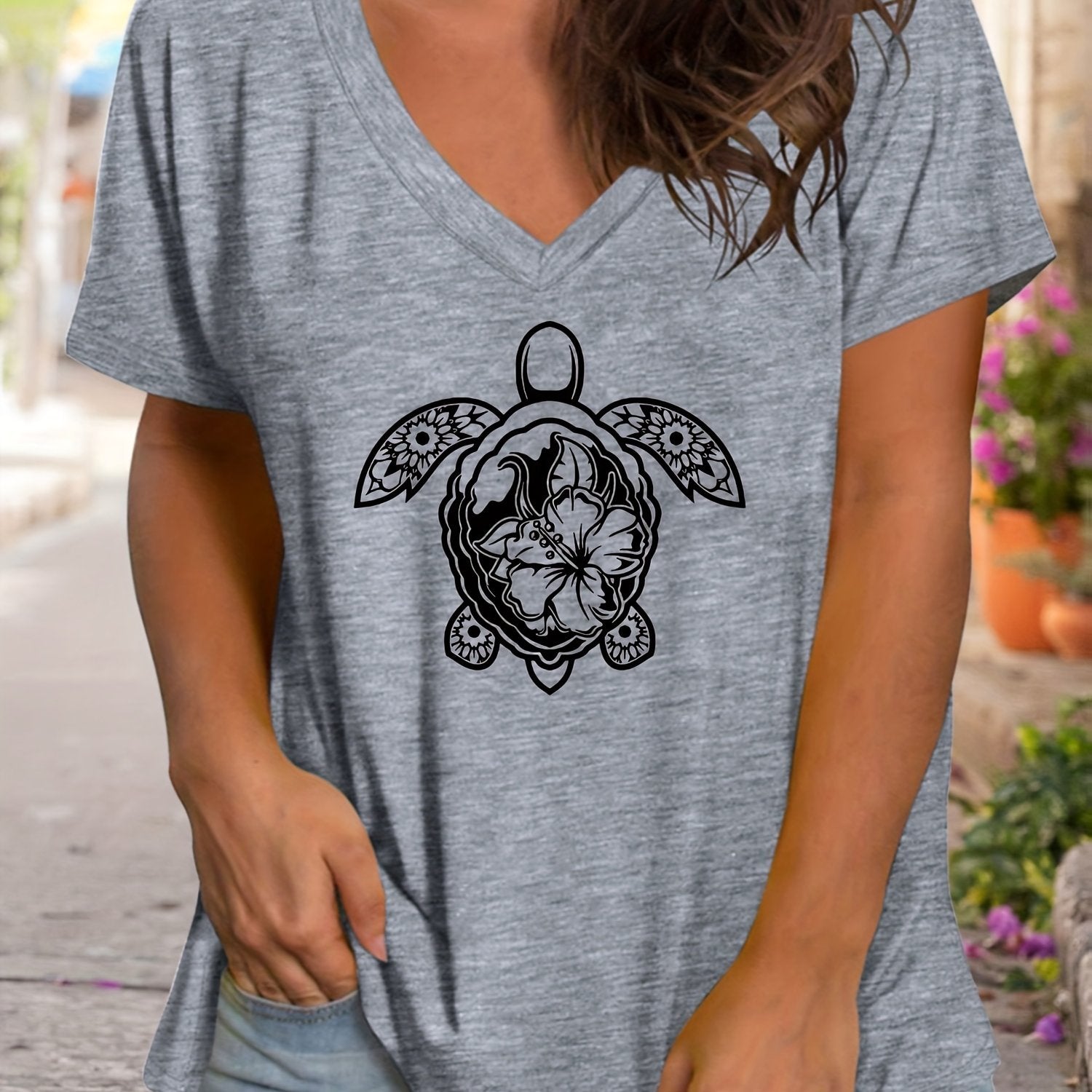 TEMU Plus Size Casual T-shirt, Women's Plus Turtle & Floral Print Short Sleeve V Neck T-shirt