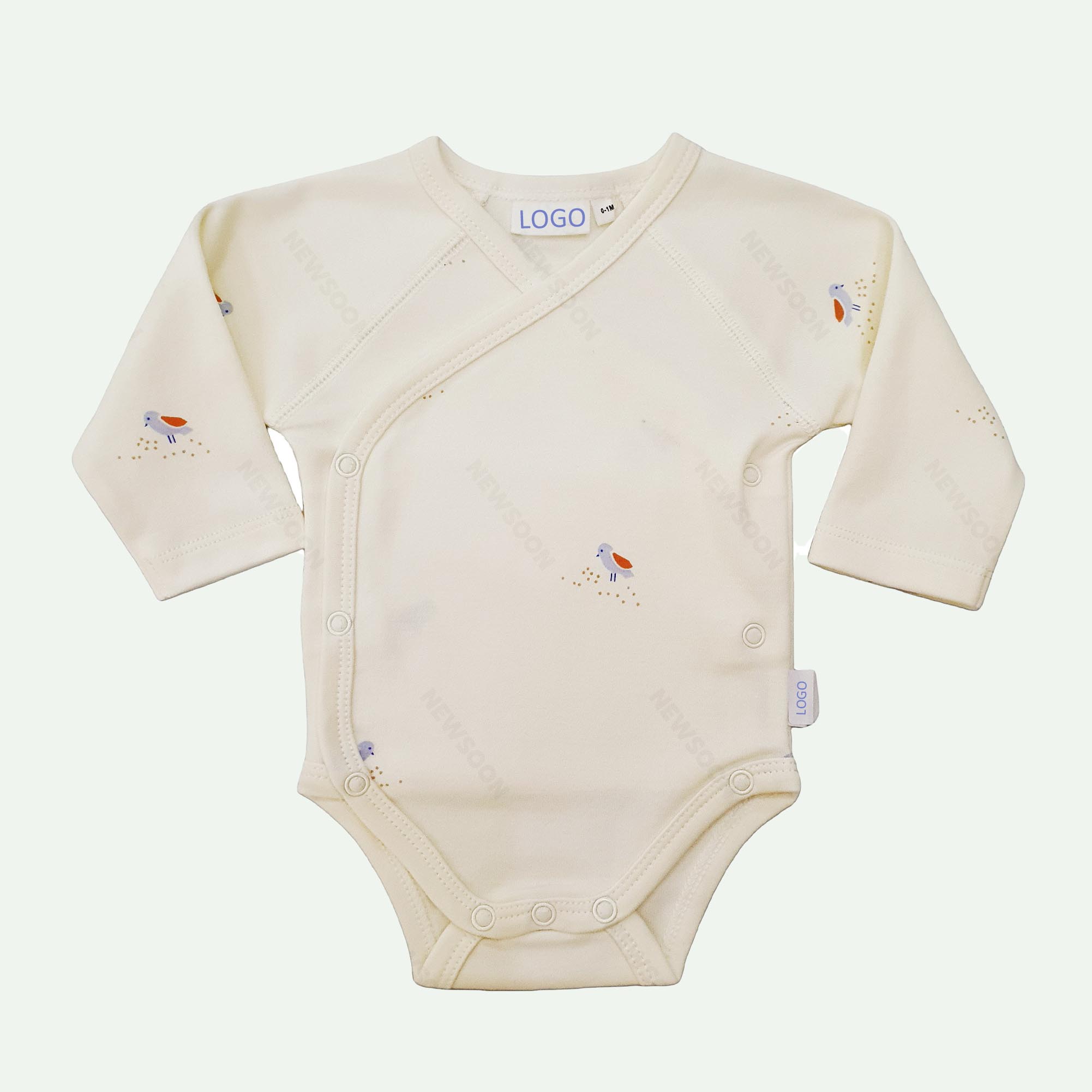Soft & Comfortable Pima Cotton Baby Bodysuit with Adorable Birds Pattern - White Long Sleeves for Infants