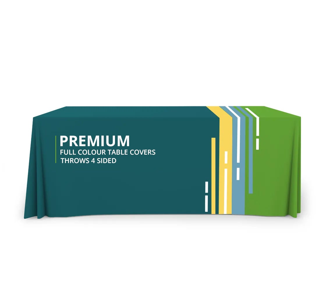 Premium Full Color Table Covers & Throws - 4 Sided- Custom Table Cover For Events Or Tradeshows With Logo By Banner Buzz