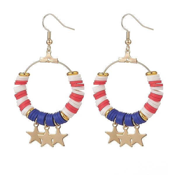Independence Day Polymer Clay Heishi Beaded Ring with Star Dangle Earrings