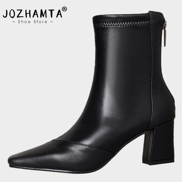 JOZHAMTA Size 34-39 Women Ankle Real Leather Square Tow High Heels Shoes Woman Winter Fashion Casual Office Elastic Boots