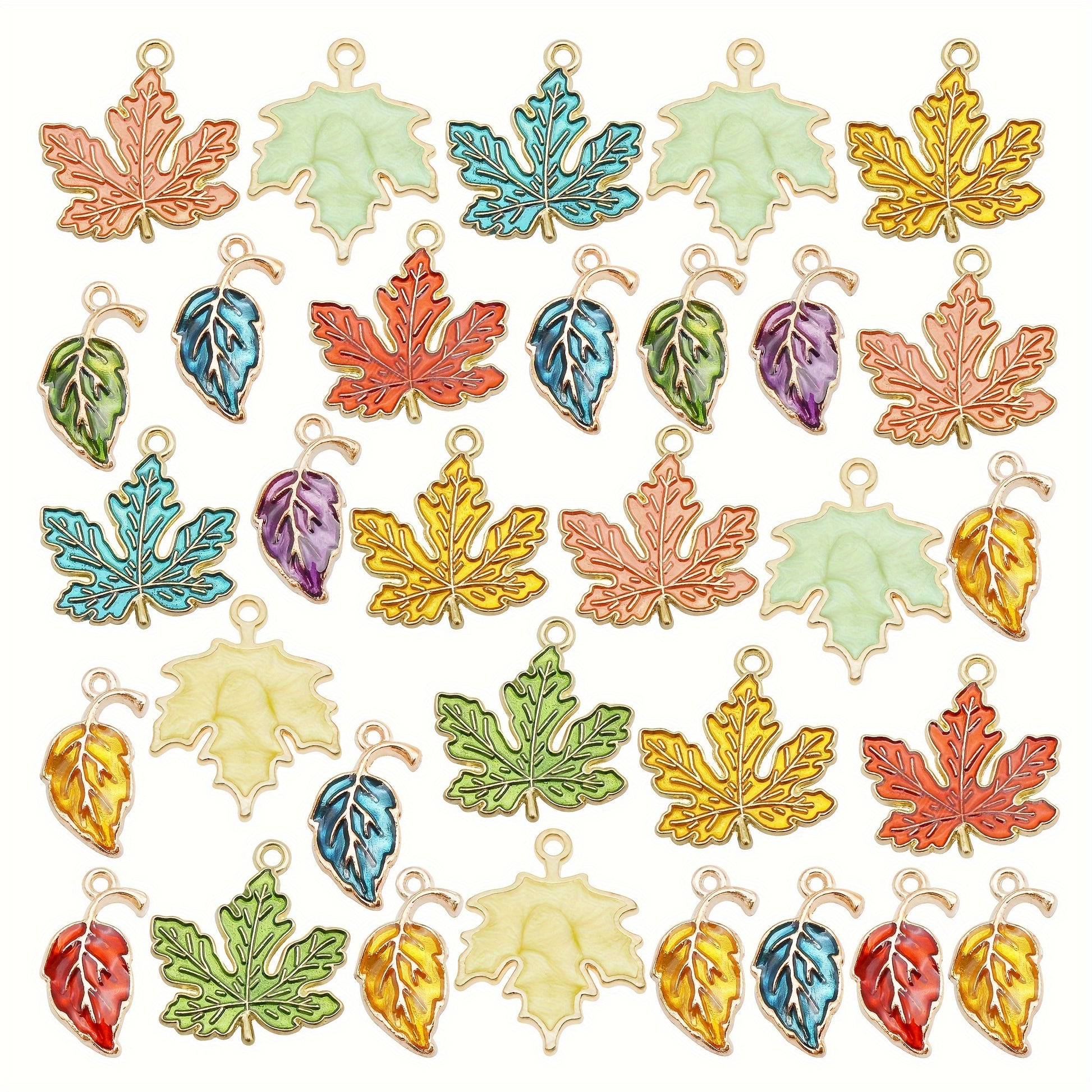 TEMU 24pcs Julie Wang Enamel Leaf Charms Pendants - Vibrant Multicolor Designs With Glossy Finish, Golden-tone Metal Loops For Making, Necklace &