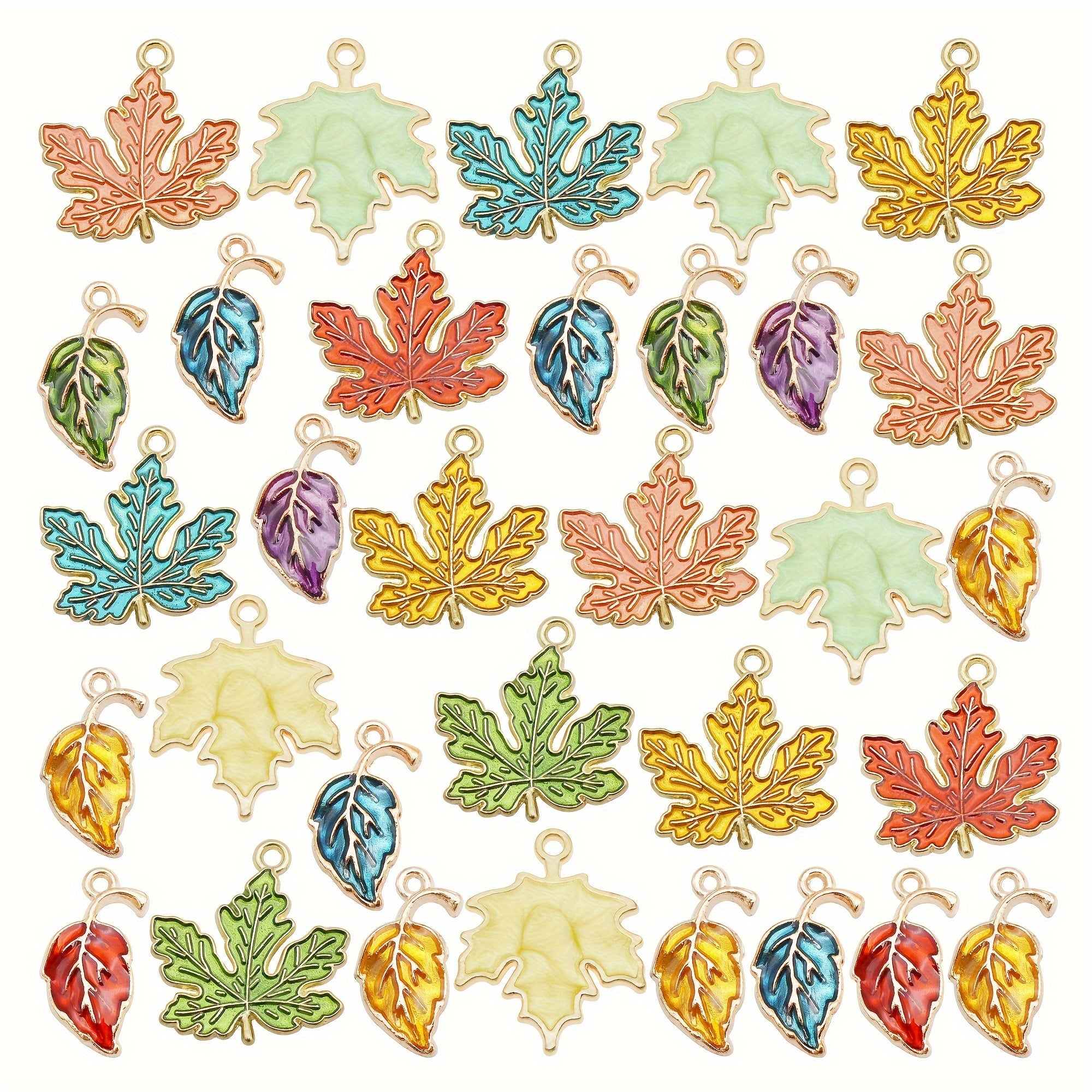 TEMU 24pcs Julie Wang Enamel Leaf Charms Pendants - Vibrant Multicolor Designs With Glossy Finish, Golden-tone Metal Loops For Making, Necklace &