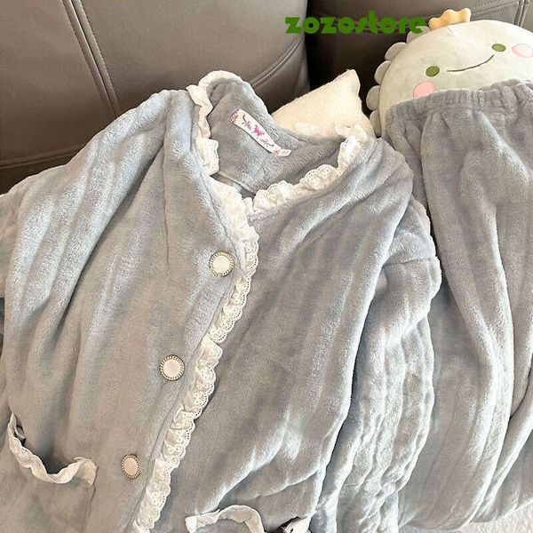 Lace Sleepwear Women Pajama Sets Winter Warm Piiama Fleece Night Wears Button Sets For Women 2 Pieces Pocket V-Neck Home Suit 37
