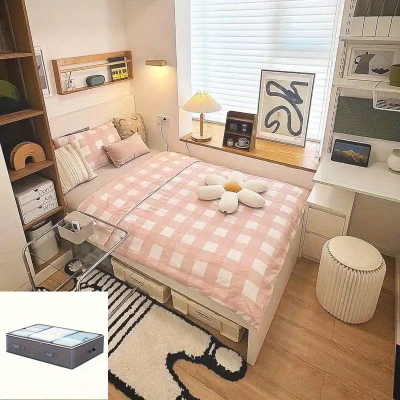 TEMU 1pc Large Capacity Foldable Under Bed Storage Bag With Handles & Clear Viewing Window - Nylon Organizer For Clothes, Books, Toys, And Bedding -