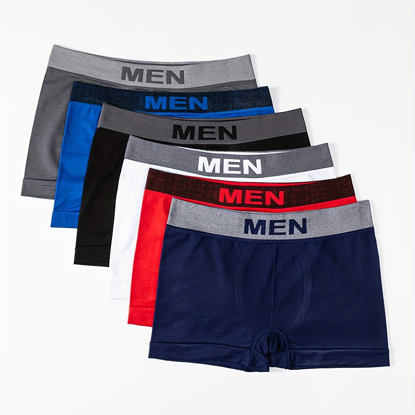 TEMU 6pcs Men' Boxer Briefs (white, Black, Navy, Brown, Dark Grey, Beige) - High- Underwear With Lettered Boxer Shorts, Bulk Pack For Casual Attire,