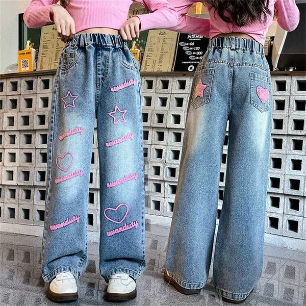 Spring Tiny Spot New Childrens Jeans Fashion Red Cross Flower Towel Embroidered Wide Leg Pants Girls Jeans Casual Pants Y240801