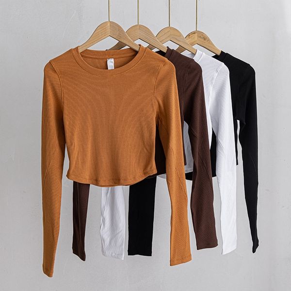 Womens Yoga Long Sleeve Shirt Blouse Solid Color Slim Fit Ribbed Short Sleeve Tee Sports Fitness Women Round Neck Jogging Sportswear