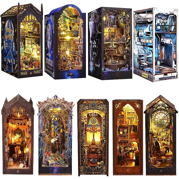 DIY Book Nook Shelf Insertion Kit 3D Wooden Puzzle Dollhouse Prefabricated Building Model Bookshelf with Furniture LED Lights Christmas Gift