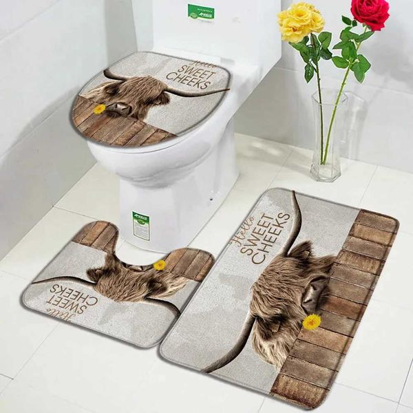 Rural Highland Cow Bath Mat Set Retro Brown Wooden Board Dutch Cow Farm Animal Bathroom Decoration Non slip Carpet Toilet Cover M240829