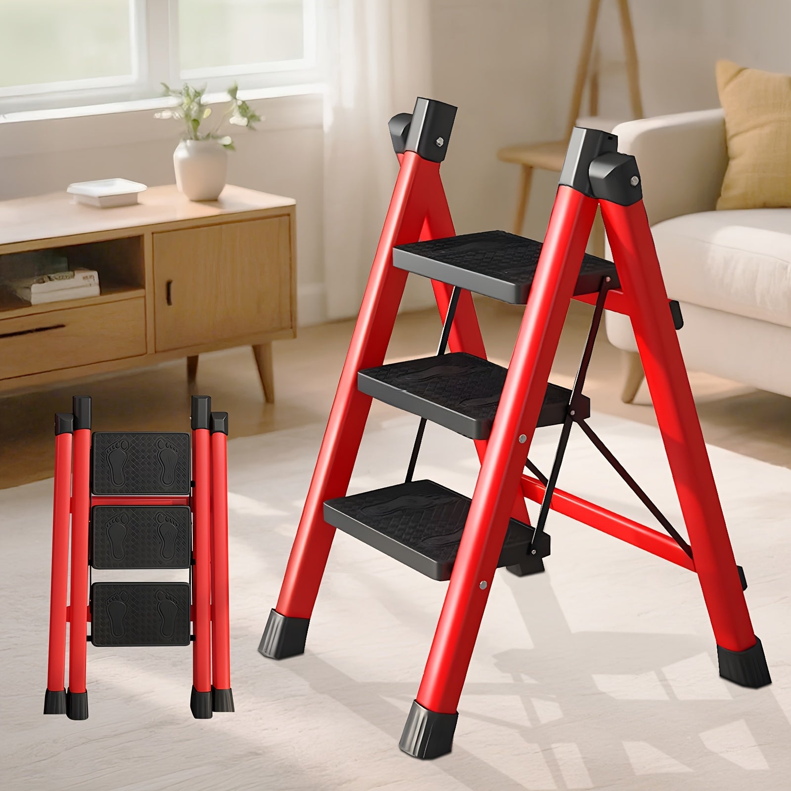 TEMU Folding Ladder With Reinforced 660lbs, Space-saving 5cm Folding Step Ladder, Anti-slip Textured Step Ladder, Tool- Stool For Kitchen, Bathroom,