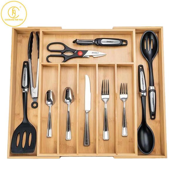 Storage Drawers 6789grids Bamboo Organiser Adjustable Tray Knife Box and Insert for Utensils Cutlery Craft 230410