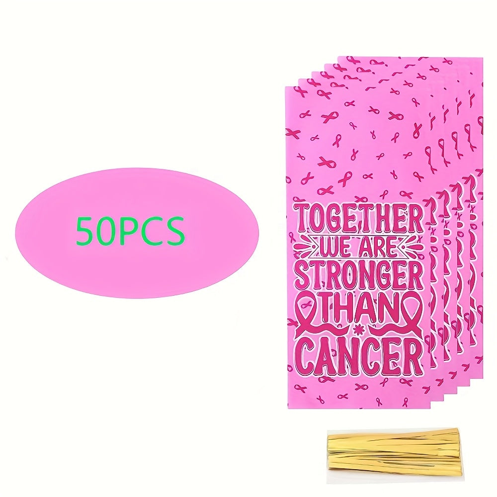 TEMU 50-pack Breast Awareness Transparent Gift Bags With Twist Ties - Durable Polypropylene (pp) Bags For Party Favors, Candy, And Snacks
