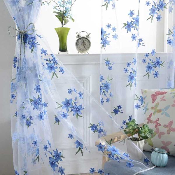 2 Pannel Blue Tle Curtain Pastoral Style Floral Pattern Curtain For Bedro Living Ro Rod Pocket Sheer Drape 95cmx200cmT250122