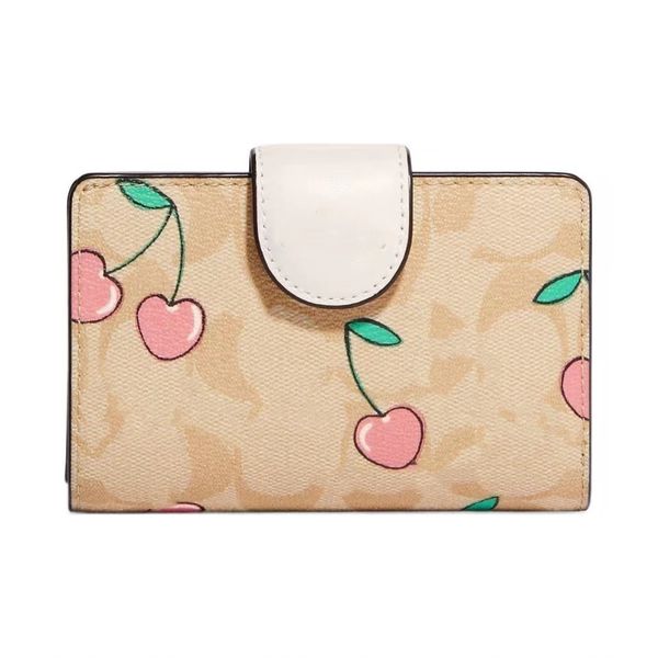 Women&#039;s New Short Wallet Exquisite Coin Purse Zipper Wallet Cherry Spot Cherry Printed Canvas with Leather Card Case Medium Women&#039;