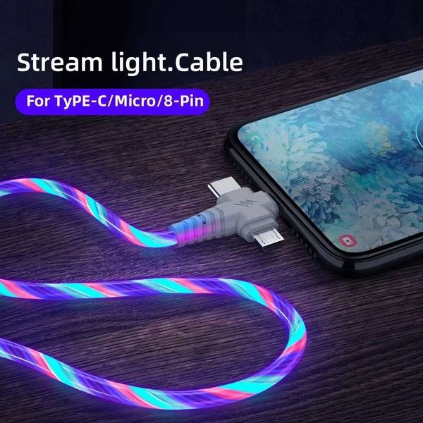 3-in-1 luminous USB cable suitable for smartphone LED cable USB to mini USB-C-type-8-pin fast charging cableXJ250103