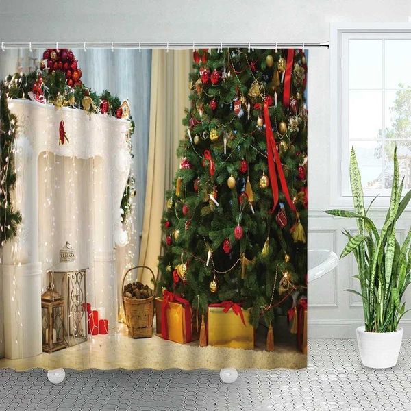 Shower Curtains Retro Fireplace Christmas Shower Curtains Decor 3D Green Xmas Tree Gift Holiday Home Fabric Bath Curtain With Hooks Bathroom
