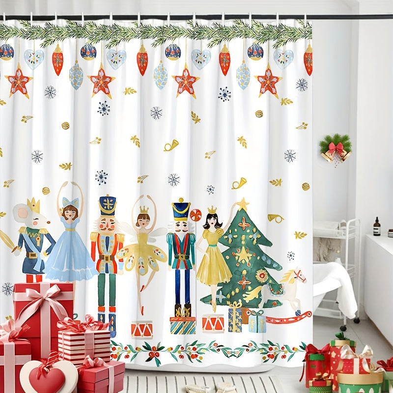 TEMU 1pc Nutcracker Cartoon Shower Curtain With Princess, Pine Tree & Gift - Polyester Fabric Bathroom Decor With Hooks, Machine Washable, Festive