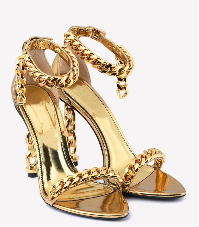 Luxury brand sandal padlock sandal Women high heel shoes Mirror leather chain-link detailed 105mm heel sandals ankle strap pumps with box
