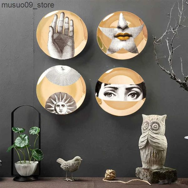 Decorative Plates 8 Inch Creative Gold Plates Illustration Wall Hanging Hook Dishes Sample Room-home-hotel Decoration Cavalieri Ceramic Craf