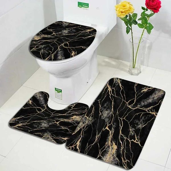 Abstract Marble Bath Mat Set Creative Gothic Gold Thread Black He Carpet Bathroom Decoration Anti Slip Carpet Toilet Lid Y250111