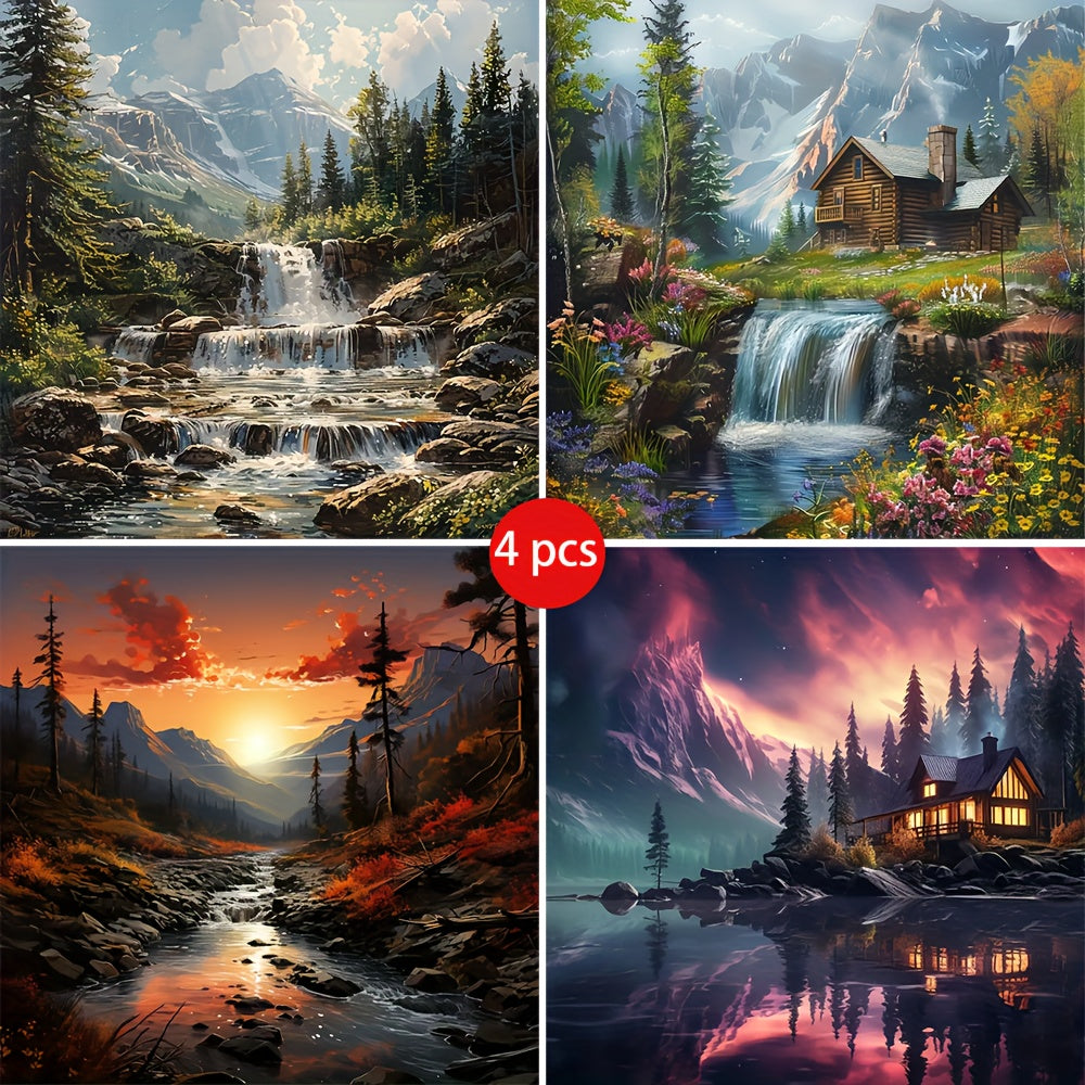 TEMU 4pcs - Landscape Home Wall Decoration Painting, 30x30cm-11.81x11.81inch Bedroom Kitchen , 5d Diy Full Tool For Beginners, Round Full Diamond