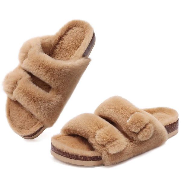 Slippers Shevalues Fuzzy Slippers Womens Cork Foot Mat Fluffy Slide Sandals Open Toe Indoor Shoes with Arch Support Adjustable Q241106