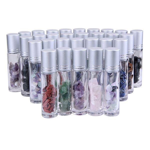 Portable 10ml Essential Oil Roll-on Bottles Glass Roll on Perfume Bottle with Crushed Natural Crystal Quartz Stone Crystal Roller Ball