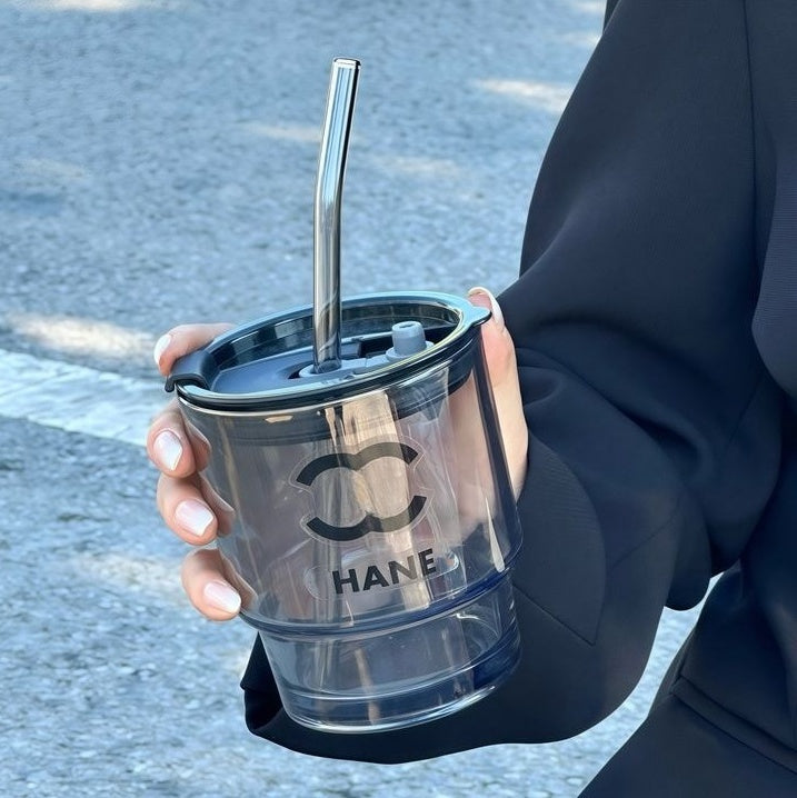 multipurpose fashion brand large capacity mug simple glass coffee cup with straw luxury beverage cup with letter logo juice cup designer breakfast m