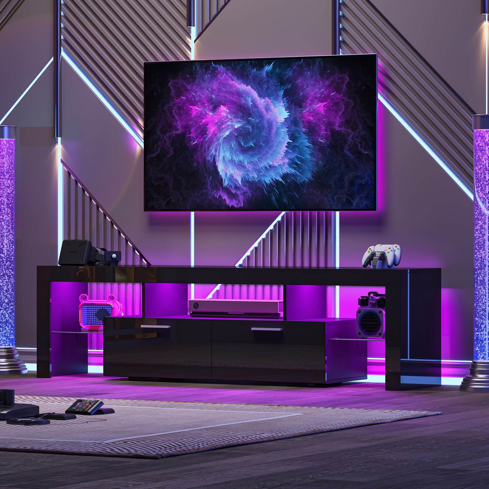 TEMU 71" High Gloss Led Tv Stand For 55-65-75-80 Inch Tvs, Gaming Entertainment Center With Cabinet For Ps5, Console Tv Stand With Led Lights, Wood