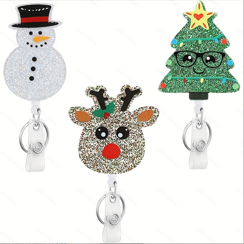 TEMU 3pcs Retractable Christmas Badge Rollers With Crocodile Rotating Clips, Cute Reindeer Snowman Christmas Tree Badge Holders For Nurses And
