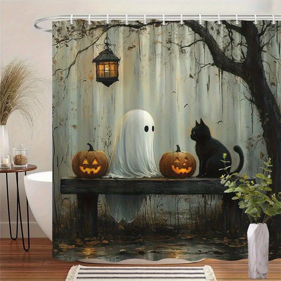 TEMU 1pc Halloween Shower Curtain - Spooky Bathroom Decor With , Black Cats, Pumpkins & Vintage Lanterns - Extra Long Bath Curtain (70x70 Inches) -