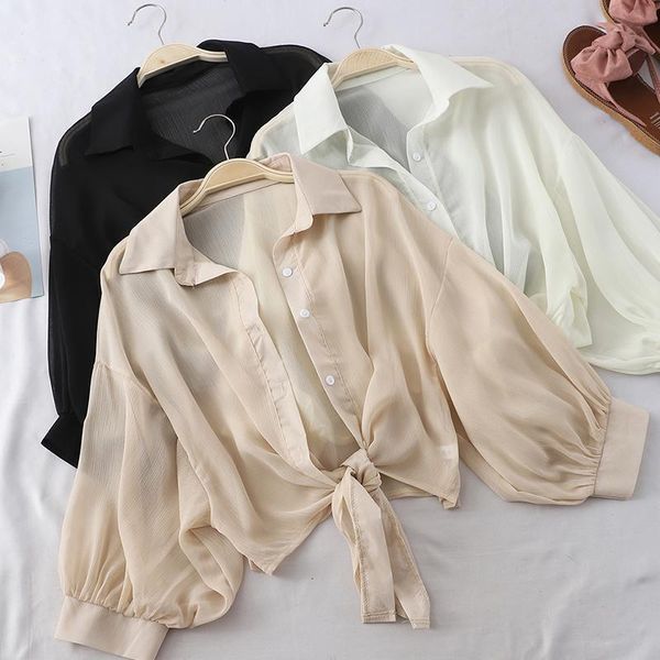 Women&#039;s Blouses Shirts Lantern Sleeve Chiffon Women Summer Transparent Beach Shawl Top Tied Waist Elegant Female Office Blouse M02 2304